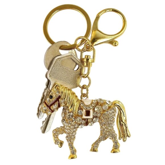 Golden Horse Rhinestone Keychain Ornament With Moveable Tail, Gift For Horse Lov - Picture 12 of 13